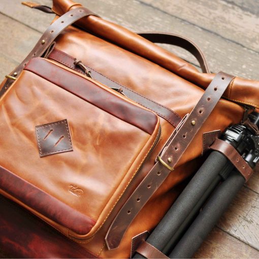 Bear Roll Top V1 – Leather Travel Backpack With Advanced Organizer (Tan) - Image 11