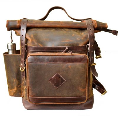 Walklo Leather Bear Roll Top Leather Travel Bagck