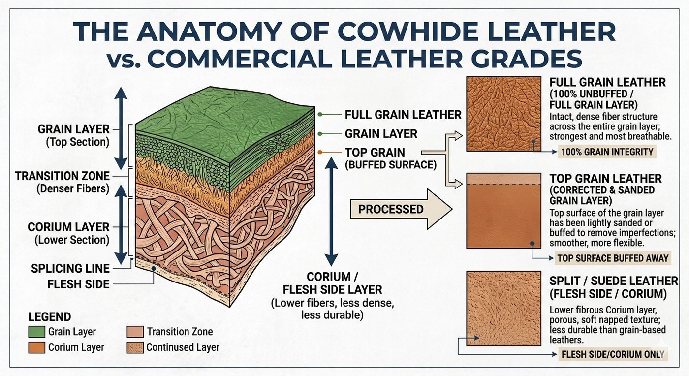 Diagram showing the layers of a leather hide, including full-grain, top-grain, and split leather