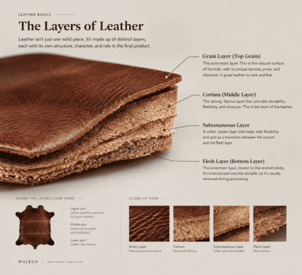 Diagram showing the layers of cowhide leather, including full-grain, top-grain, split leather, and the natural grain surface.